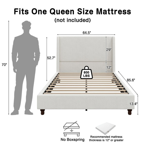 English Elm 52.7 Inch Wingback Queen Platform Bed Boucle Upholstered with Retro Wood Legs White N701P408031K