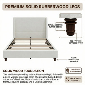 English Elm 52.7 Inch Wingback Queen Platform Bed Boucle Upholstered with Retro Wood Legs White N701P408031K