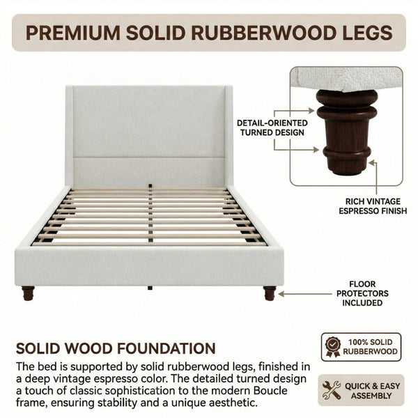 English Elm 52.7 Inch Wingback Queen Platform Bed Boucle Upholstered with Retro Wood Legs White N701P408031K