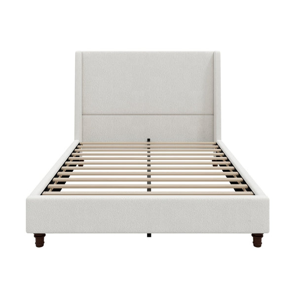 English Elm 52.7 Inch Wingback Queen Platform Bed Boucle Upholstered with Retro Wood Legs White N701P408031K