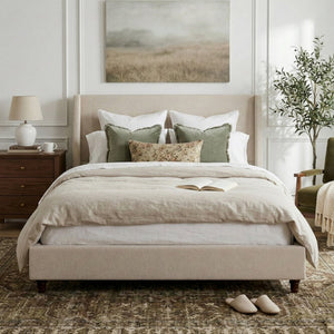 English Elm 52.7 Inch Wingback Queen Platform Bed Boucle Upholstered with Retro Wood Legs Taupe N701P408031T