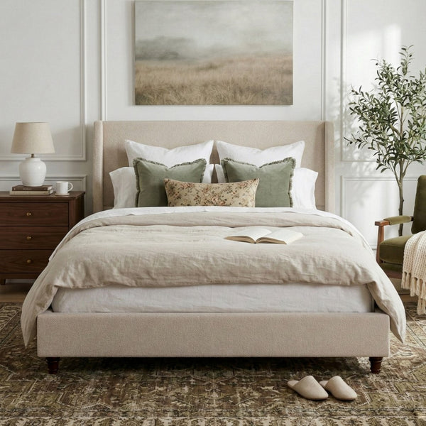 English Elm 52.7 Inch Wingback Queen Platform Bed Boucle Upholstered with Retro Wood Legs Taupe N701P408031T