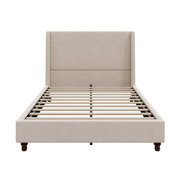 English Elm 52.7 Inch Wingback Queen Platform Bed Boucle Upholstered with Retro Wood Legs Taupe N701P408031T