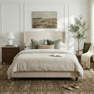 English Elm 52.7 Inch Wingback Queen Platform Bed Boucle Upholstered with Retro Wood Legs Taupe N701P408031T