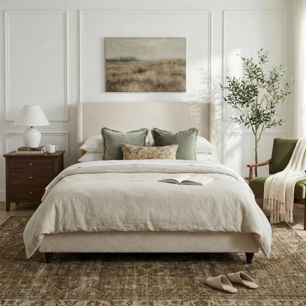 English Elm 52.7 Inch Wingback Queen Platform Bed Boucle Upholstered with Retro Wood Legs Taupe N701P408031T