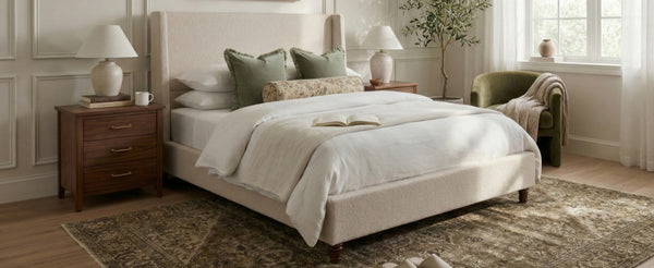 English Elm 52.7 Inch Wingback Queen Platform Bed Boucle Upholstered with Retro Wood Legs Taupe N701P408031T