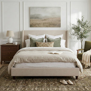 English Elm 52.7 Inch Wingback Queen Platform Bed Boucle Upholstered with Retro Wood Legs Taupe N701P408031T