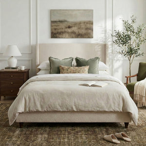 English Elm 52.7 Inch Wingback Queen Platform Bed Boucle Upholstered with Retro Wood Legs Taupe N701P408031T