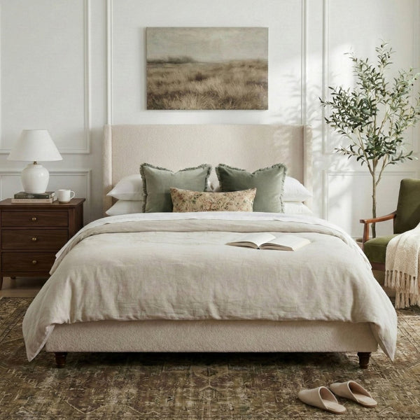 English Elm 52.7 Inch Wingback Queen Platform Bed Boucle Upholstered with Retro Wood Legs Taupe N701P408031T