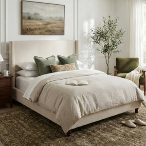 English Elm 52.7 Inch Wingback Queen Platform Bed Boucle Upholstered with Retro Wood Legs Taupe N701P408031T