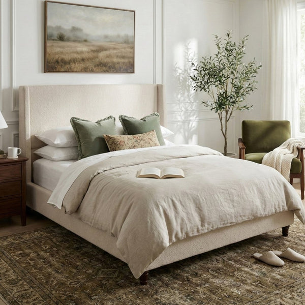 English Elm 52.7 Inch Wingback Queen Platform Bed Boucle Upholstered with Retro Wood Legs Taupe N701P408031T