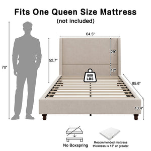 English Elm 52.7 Inch Wingback Queen Platform Bed Boucle Upholstered with Retro Wood Legs Taupe N701P408031T