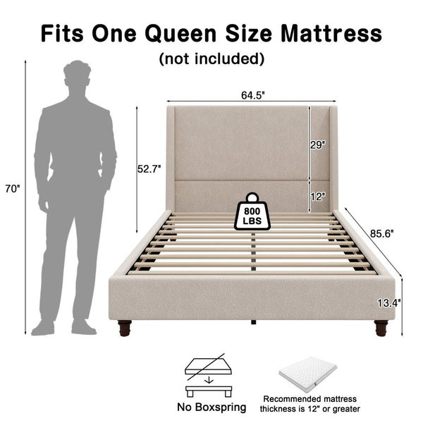 English Elm 52.7 Inch Wingback Queen Platform Bed Boucle Upholstered with Retro Wood Legs Taupe N701P408031T