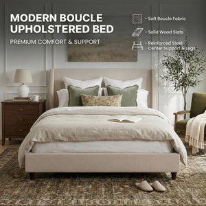 English Elm 52.7 Inch Wingback Queen Platform Bed Boucle Upholstered with Retro Wood Legs Taupe N701P408031T