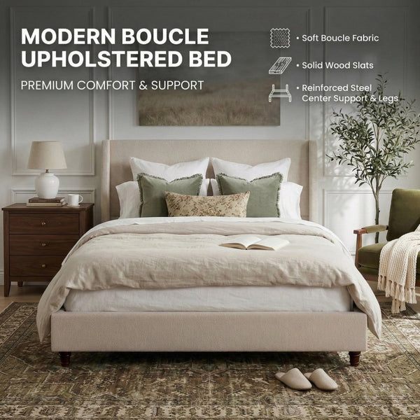 English Elm 52.7 Inch Wingback Queen Platform Bed Boucle Upholstered with Retro Wood Legs Taupe N701P408031T