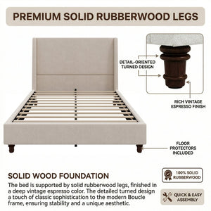 English Elm 52.7 Inch Wingback Queen Platform Bed Boucle Upholstered with Retro Wood Legs Taupe N701P408031T