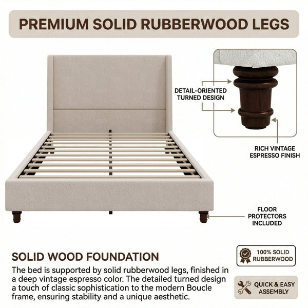 English Elm 52.7 Inch Wingback Queen Platform Bed Boucle Upholstered with Retro Wood Legs Taupe N701P408031T