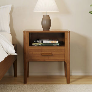English Elm Mid-century Solid Bamboo Nightstand with Drawer Open Shelf and Tapered Legs for Bedroom Brown N701P410998D