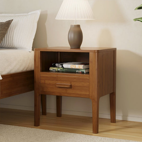 English Elm Mid-century Solid Bamboo Nightstand with Drawer Open Shelf and Tapered Legs for Bedroom Brown N701P410998D