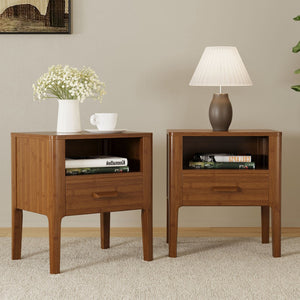 English Elm Mid-century Solid Bamboo Nightstand with Drawer Open Shelf and Tapered Legs for Bedroom Brown N701P410998D