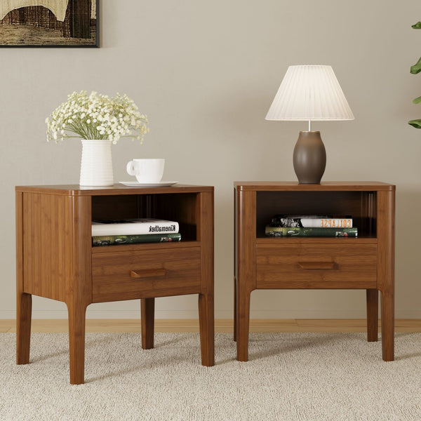 English Elm Mid-century Solid Bamboo Nightstand with Drawer Open Shelf and Tapered Legs for Bedroom Brown N701P410998D