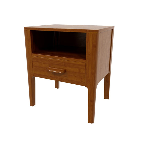 English Elm Mid-century Solid Bamboo Nightstand with Drawer Open Shelf and Tapered Legs for Bedroom Brown N701P410998D