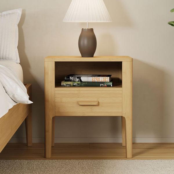English Elm Mid-century Solid Bamboo Nightstand with Drawer Open Shelf and Tapered Legs for Bedroom Natural N701P410998N