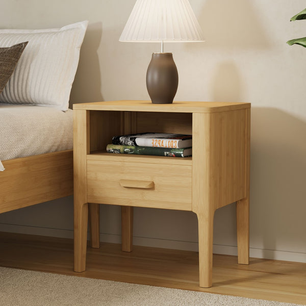 English Elm Mid-century Solid Bamboo Nightstand with Drawer Open Shelf and Tapered Legs for Bedroom Natural N701P410998N