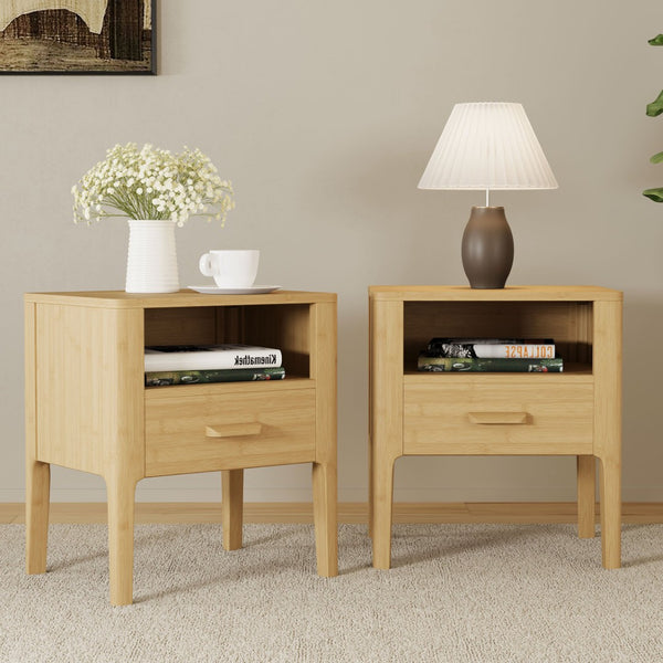 English Elm Mid-century Solid Bamboo Nightstand with Drawer Open Shelf and Tapered Legs for Bedroom Natural N701P410998N