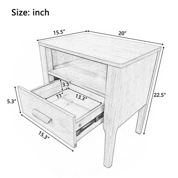 English Elm Mid-century Solid Bamboo Nightstand with Drawer Open Shelf and Tapered Legs for Bedroom Natural N701P410998N