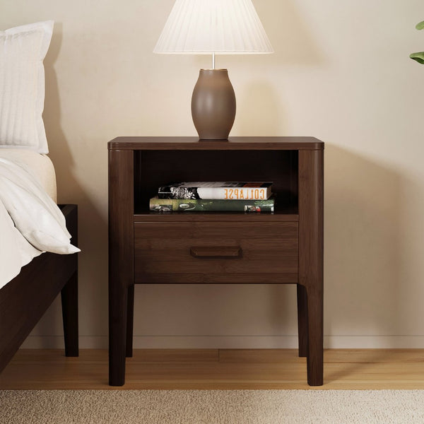 English Elm Mid-century Solid Bamboo Nightstand with Drawer Open Shelf and Tapered Legs for Bedroom Chocolate N701P410998Q