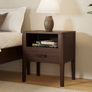 English Elm Mid-century Solid Bamboo Nightstand with Drawer Open Shelf and Tapered Legs for Bedroom Chocolate N701P410998Q