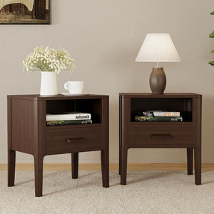 English Elm Mid-century Solid Bamboo Nightstand with Drawer Open Shelf and Tapered Legs for Bedroom Chocolate N701P410998Q