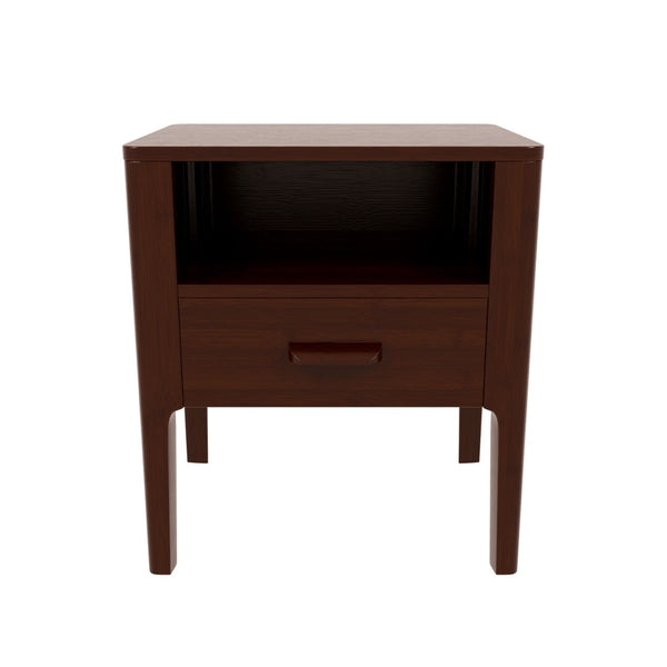English Elm Mid-century Solid Bamboo Nightstand with Drawer Open Shelf and Tapered Legs for Bedroom Chocolate N701P410998Q