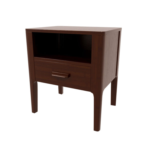 English Elm Mid-century Solid Bamboo Nightstand with Drawer Open Shelf and Tapered Legs for Bedroom Chocolate N701P410998Q