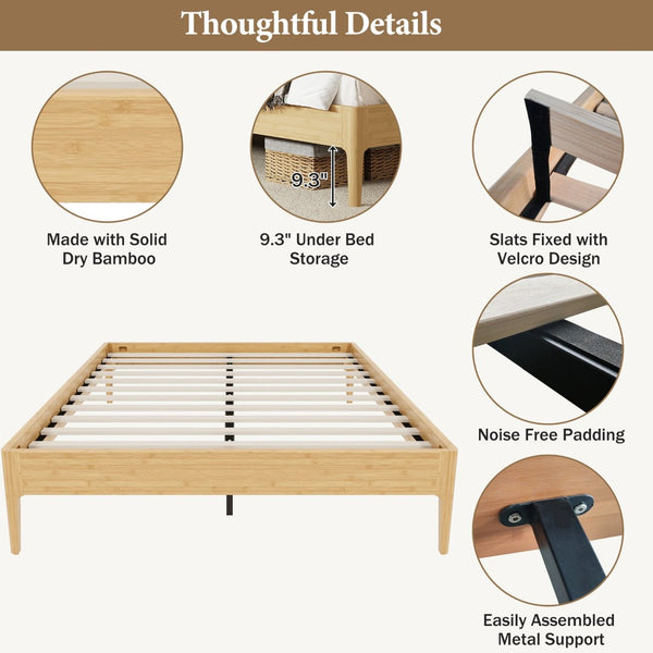 English Elm 15 Inch Solid Bamboo Full Platform Bed Minimalist Low Profile Frame with Metal Support Natural N701P411028N