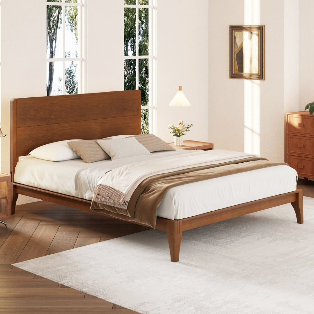 English Elm Mid-century Queen Platform Bed Sustainable Bamboo Frame Slatted Base No Box Spring Needed Brown N701P446513D