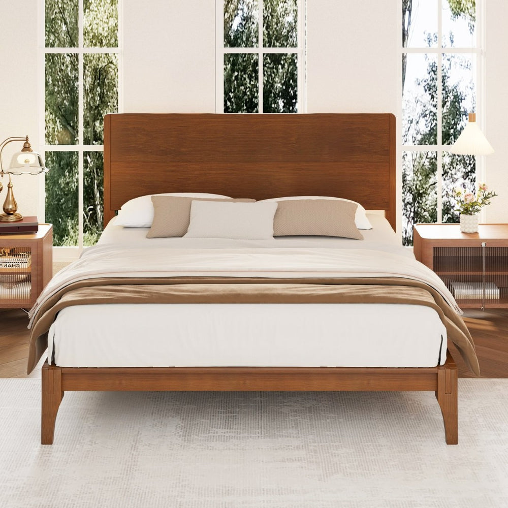 English Elm Mid-century Queen Platform Bed Sustainable Bamboo Frame Slatted Base No Box Spring Needed Brown N701P446513D