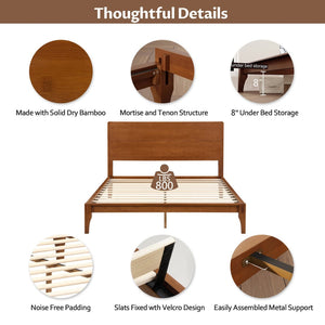 English Elm Mid-century Queen Platform Bed Sustainable Bamboo Frame Slatted Base No Box Spring Needed Brown N701P446513D