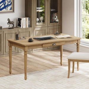 English Elm 60 Inch Rustic Farmhouse Writing Desk with Turned Legs and Convertible Keyboard Tray Seadrift N701P464449C