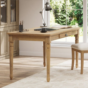 English Elm 60 Inch Rustic Farmhouse Writing Desk with Turned Legs and Convertible Keyboard Tray Seadrift N701P464449C