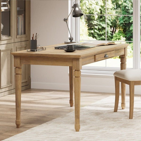 English Elm 60 Inch Rustic Farmhouse Writing Desk with Turned Legs and Convertible Keyboard Tray Seadrift N701P464449C