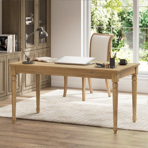 English Elm 60 Inch Rustic Farmhouse Writing Desk with Turned Legs and Convertible Keyboard Tray Seadrift N701P464449C