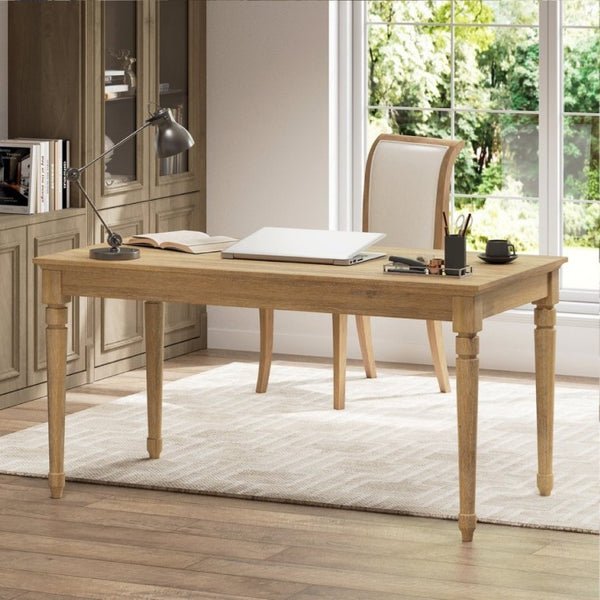 English Elm 60 Inch Rustic Farmhouse Writing Desk with Turned Legs and Convertible Keyboard Tray Seadrift N701P464449C