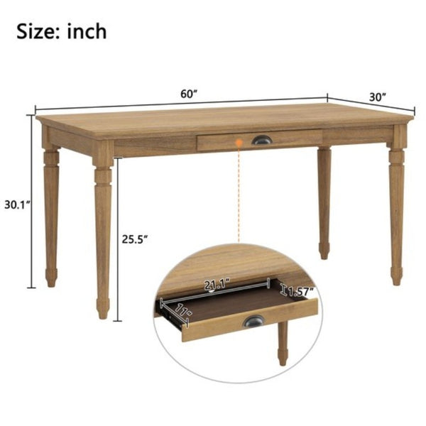 English Elm 60 Inch Rustic Farmhouse Writing Desk with Turned Legs and Convertible Keyboard Tray Seadrift N701P464449C