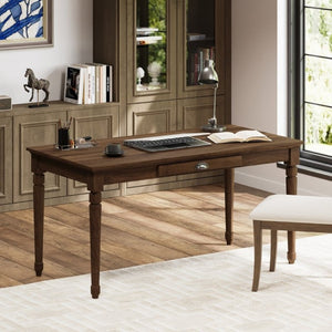 English Elm 60 Inch Rustic Farmhouse Writing Desk with Turned Legs and Convertible Keyboard Tray Chestnut N701P464449S