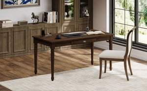 English Elm 60 Inch Rustic Farmhouse Writing Desk with Turned Legs and Convertible Keyboard Tray Chestnut N701P464449S