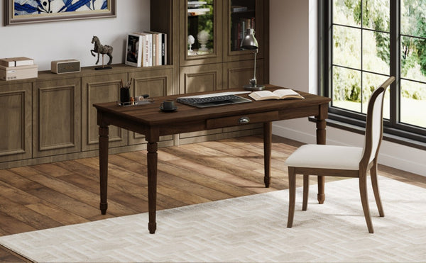 English Elm 60 Inch Rustic Farmhouse Writing Desk with Turned Legs and Convertible Keyboard Tray Chestnut N701P464449S