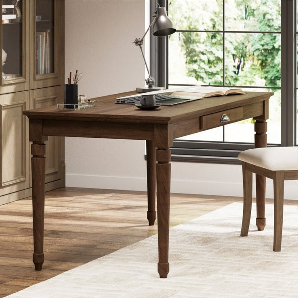 English Elm 60 Inch Rustic Farmhouse Writing Desk with Turned Legs and Convertible Keyboard Tray Chestnut N701P464449S