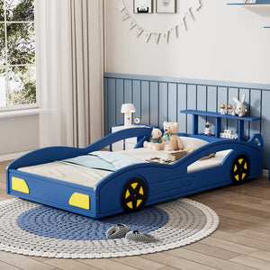 English Elm Wooden Race Car Twin Platform Bed with Built-in Storage for Kids Bedroom Fun Blue N701P465364C